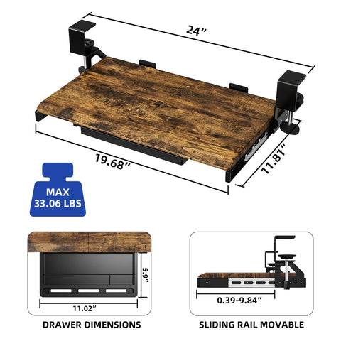 Under Desk Keyboard Tray 19.7 X 12.2 Inches With C Clamp, showing dimensions and sliding mechanism in wood finish for ergonomic setup.