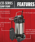 One Third Horsepower Heavy Duty Submersible Stainless Steel Sump Pump 115 Volt 3500 GPH With Snap Action Float Switch And Ten Foot Power Cord Durable 304 Grade Housing Auto Operation features.