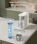 Countertop Reverse Osmosis Water Filter With 7 In 1 Purification features auto fill and 3:1 pure to drain ratio displayed on a counter.