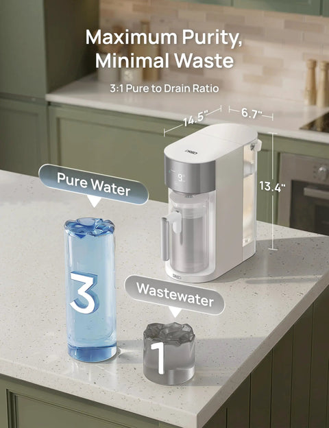 Countertop Reverse Osmosis Water Filter With 7 In 1 Purification features auto fill and 3:1 pure to drain ratio displayed on a counter.
