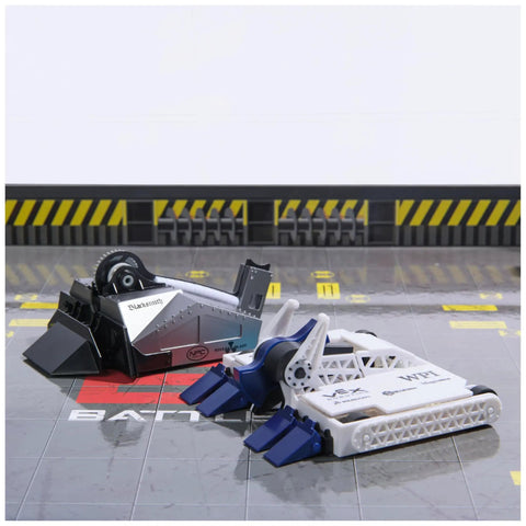 Hella Entertaining BattleBots Arena Remote Control Robot Building Kit With Twenty Plus Pieces Boss Level STEM Project For Girls Boys Seven Plus Totally Sick Combat Action Set with two robots on arena floor.