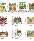 Cinco De Mayo Iron On Transfers Pack For T Shirts And DIY Crafts 10 Sheets DTF Transfers With Dope Bright Colors For Heat Press On Tees Hoodies Pillows And Canvas Bags Mexico Theme featuring colorful Mexican-themed designs including tacos, margaritas, and sombreros.