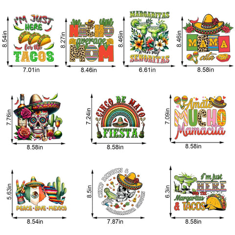 Cinco De Mayo Iron On Transfers Pack For T Shirts And DIY Crafts 10 Sheets DTF Transfers With Dope Bright Colors For Heat Press On Tees Hoodies Pillows And Canvas Bags Mexico Theme featuring colorful Mexican-themed designs including tacos, margaritas, and sombreros.