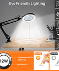 10X Magnifying Glass With Light And Stand, 84 LEDs illuminating a workspace; lamp showing flexible stand, clamp on wooden desk.