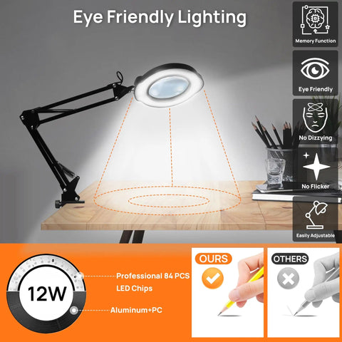 10X Magnifying Glass With Light And Stand, 84 LEDs illuminating a workspace; lamp showing flexible stand, clamp on wooden desk.