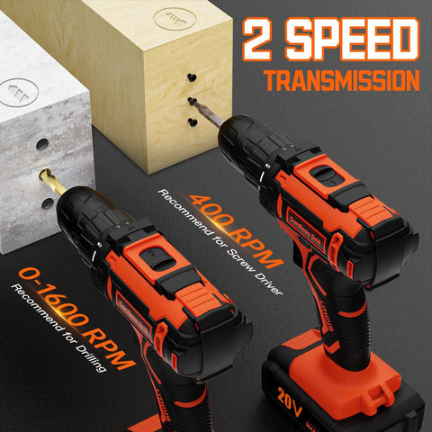 20V Cordless Drill Set for Home DIY, Includes Two 2.0Ah Batteries and Fast Charger with Two Speed Transmission