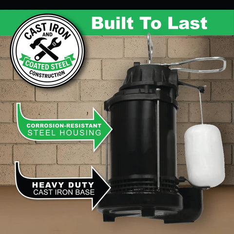 One Third HP Submersible Sump Pump With Cast Iron And Stainless Steel Housing, Integrated Vertical Float Switch