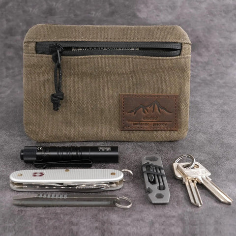 Low Profile Belt Zipper Pouch For Men And Women, Compact EDC Waist Pack With YKK Zipper, Water Resistant Waxed Canvas Olive