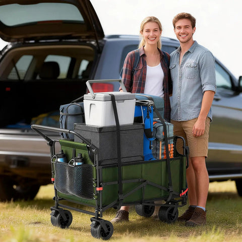 Couple with Heavy Duty Folding Wagon 2 In 1 Collapsible Cart Transforming Into Beach Chair, packed, on outdoor trip.