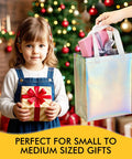 Child holding gift with Iridescent Glossy Gift Bags Set, 15 Pcs Medium Size 8x4x10 Inch With Handles, Holographic Reusable Gift Bags
