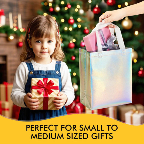 Child holding gift with Iridescent Glossy Gift Bags Set, 15 Pcs Medium Size 8x4x10 Inch With Handles, Holographic Reusable Gift Bags
