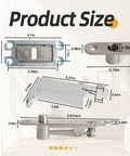Heavy Duty Self Closing Pivot Hinge With Smooth Swing Action Built Tough For Wood And Secret Doors Rock Solid Two Way Adjustable Rust Resistant Stainless Steel Hardware Set dimensions and measurements displayed.
