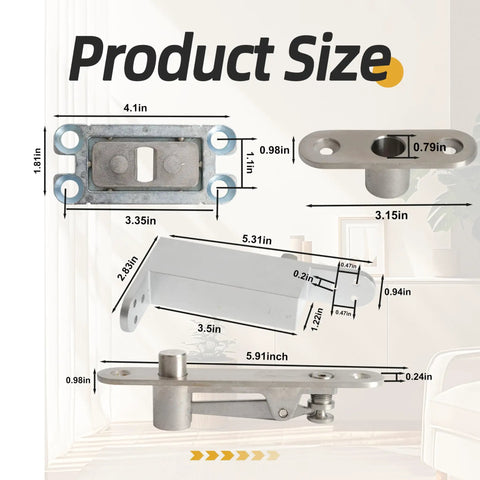 Heavy Duty Self Closing Pivot Hinge With Smooth Swing Action Built Tough For Wood And Secret Doors Rock Solid Two Way Adjustable Rust Resistant Stainless Steel Hardware Set dimensions and measurements displayed.
