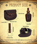 Product size diagram of Solid Brown Viking Pirate Belt Pouch Set Of Four Legit Saddlebag Waist Bags featuring dimensions.