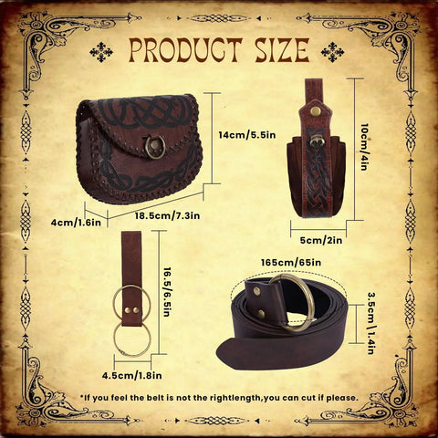 Product size diagram of Solid Brown Viking Pirate Belt Pouch Set Of Four Legit Saddlebag Waist Bags featuring dimensions.