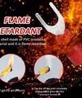 Close-up of a flame-retardant insulated fork spade wire connector with a red sleeve, illustrating fire safety features.