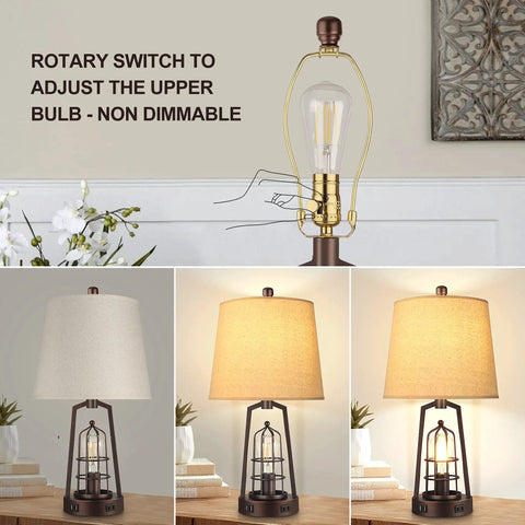 Farmhouse Bedside Lamp With Touch Control And Dimmable Lighting, industrial lamp with birdcage accent and USB port
