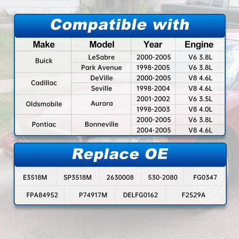 Compatibility chart for Buick LeSabre Park Avenue Cadillac DeVille Seville Fuel Pump Assembly Replacement 2000-2005