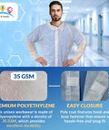 Disposable Lab Coats for Adults, Medium White, Pack of 10, Non Woven Polypropylene, Hook and Loop Closure, Elastic Wrists, No Pockets, Unisex Lab Coat Classroom Workplace Use, front view of lab coat on mannequin.