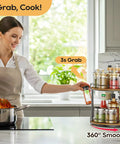 12.4 Inch Two Tier Lazy Susan Organizer Rotating Wooden Spice Rack on kitchen countertop with woman cooking