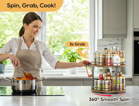 12.4 Inch Two Tier Lazy Susan Organizer Rotating Wooden Spice Rack on kitchen countertop with woman cooking