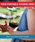 Child with dirty hands holding plant, text reads 'Your Portable Hygiene Hero', Triple Pack Alcohol Free Hand Wipes With Benzalkonium Chloride