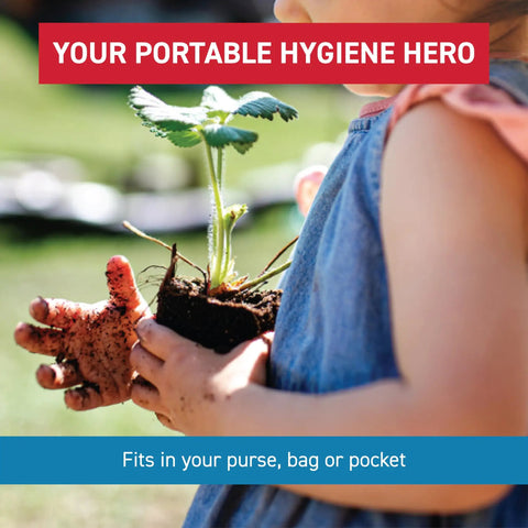 Child with dirty hands holding plant, text reads 'Your Portable Hygiene Hero', Triple Pack Alcohol Free Hand Wipes With Benzalkonium Chloride