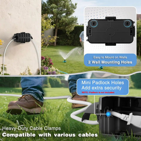 IP55 Weatherproof Outdoor Electrical Box With Detachable Awning Covers, Rugged Cord Cover installed on wall in garden, black