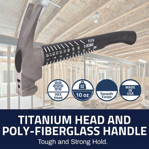 Lightweight Ti64 Titanium Hammer With Tough-Fiber Shock-Absorbing Fiberglass Handle, 10 Ounce Head For Heavy Duty Driving, Smooth Faced, No-Slip Grip, Made In USA, BH10TIPFS displayed against workshop background
