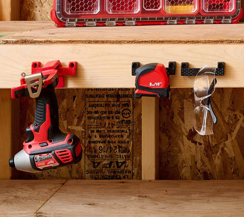Rugged Tape Measure Holder For Garage Organization, Keeps Tools Handy On Ladder Or Workbench, tool hook installed on workbench.
