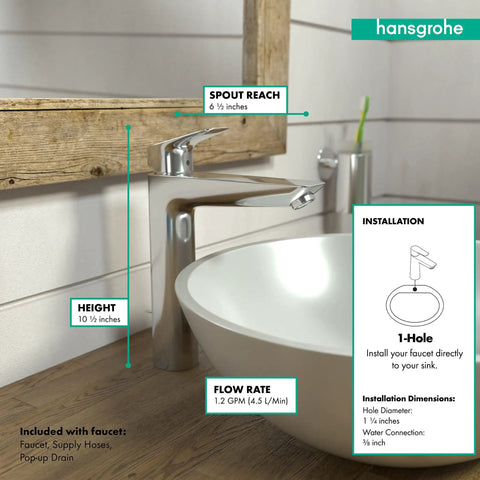10 Inch Tall Chrome Single Handle Bathroom Sink Faucet Low Flow 1.2 GPM Water Saving With Easy Install Aerator Ceramic Cartridge Pop Up Drain Included installed on a countertop sink.