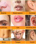 Collage showing 10 Piece Piercing Taper Ball Grabber Gear For Changing Jewelry in various body piercings like nose, ears, lips, navel.