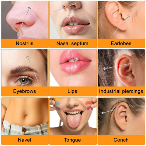 Collage showing 10 Piece Piercing Taper Ball Grabber Gear For Changing Jewelry in various body piercings like nose, ears, lips, navel.