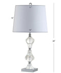 Crystal Column Table Lamp 26 Inches, glam transitional chrome metal base with white linen shade, LED bulb included, side view