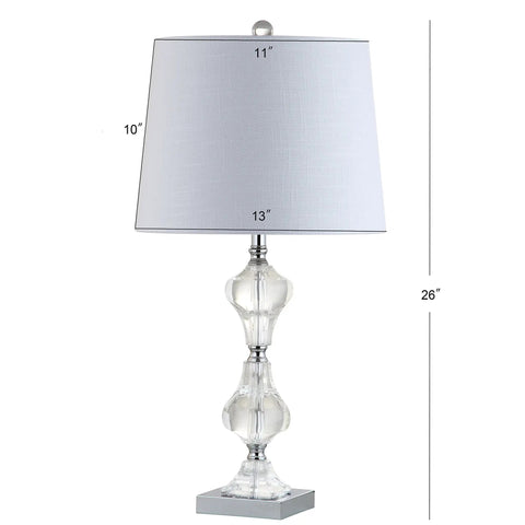 Crystal Column Table Lamp 26 Inches, glam transitional chrome metal base with white linen shade, LED bulb included, side view