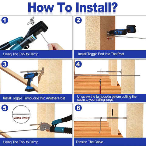 Installation guide for Ten Pair One Eighth Inch Black Cable Railing Kit With Swage Toggle Turnbuckle Hardware, Steps 1 to 6