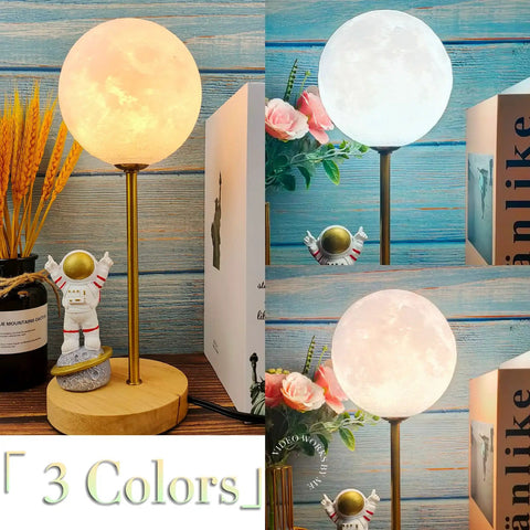 Moon Table Lamp Space Buddy Night Light For Kids Bedroom Astronaut Moon Figure With 3 Color Temperatures 3000K 4000K 6000K Two 7W G9 LED Bulbs Wooden Base Cool Space Themed Gift