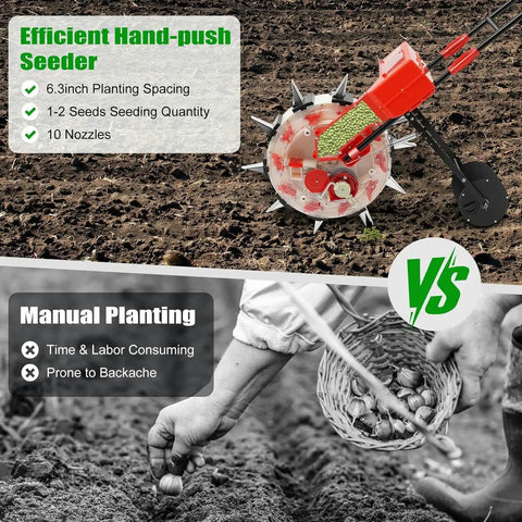 Walk Behind Hand Push Seeder With Ten Equidistant Nozzles, Garden Row Crop Planter in field with comparison to manual planting.