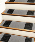 Indoor Slip Resistant Stair Treads With Greek Key Meander Design 8.5 Inch By 30 Inch Set Of 13 Machine Washable Beige Meander Carpet Stair Treads For Home Stairs on wooden stairs