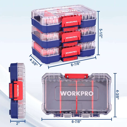 Three Piece Small Parts Organizer Set With Portable Stackable Hardware Storage Case Removable Dividers And Clear Lid shown from multiple angles
