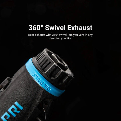 Heavy Duty 1 HP Air Die Grinder Set With Built In Regulator Featuring Ready To Roll 23000 RPM Straight And 18000 RPM Angle Pneumatic Grinders exhaust with 360-degree swivel.