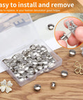 Hella Secure 30 Pack Locking Pin Backs For Sewing Needles, Nickel Plated Copper Clasp Keepers in storage box on wooden table.