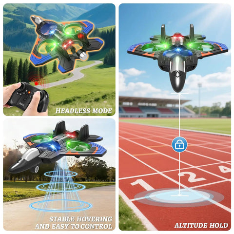 Rad Foam Remote Control Airplane Fighter Jet with Lights and 360 Degree Flips, Headless Mode, showing altitude hold