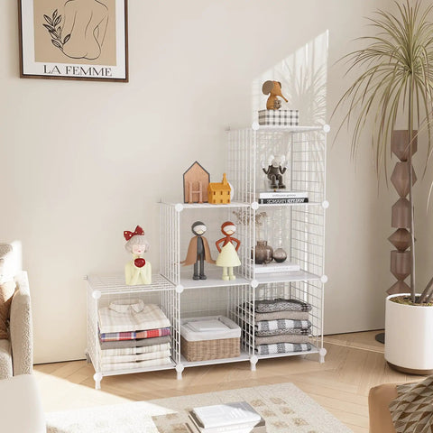 Room scene with Wire Cube Storage Organizer 6 Cube Shelves Metal Bookshelf for bedroom, home, and office in white finish