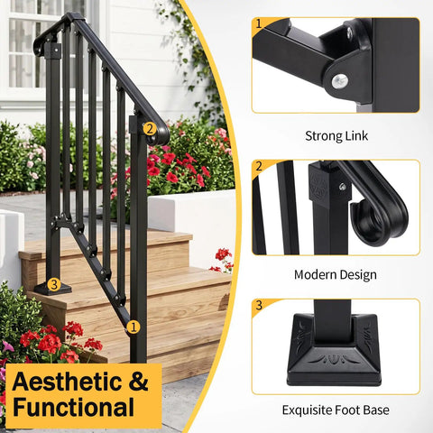 Rock Solid Two Tier Handrail For Patio Stairs And Deck Entries Matte Black Galvanized Steel Railing System showcasing modern design and sturdy foot base.