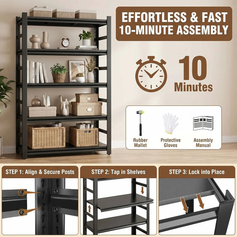 Five Tier Heavy Duty Metal Bookshelf Adjustable Tall Storage Rack With Anti Drop Fence High Capacity Steel Display Shelf Hella Sturdy To Stack Tons Of Gear And Books Without Any Wobble For Your Home Or Office
