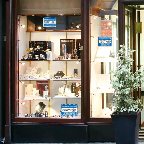 Shop window with Six-Pack Includes Six Security Alarm Sign Stickers Weatherproof Self-Adhesive 24 Seven Warning visible
