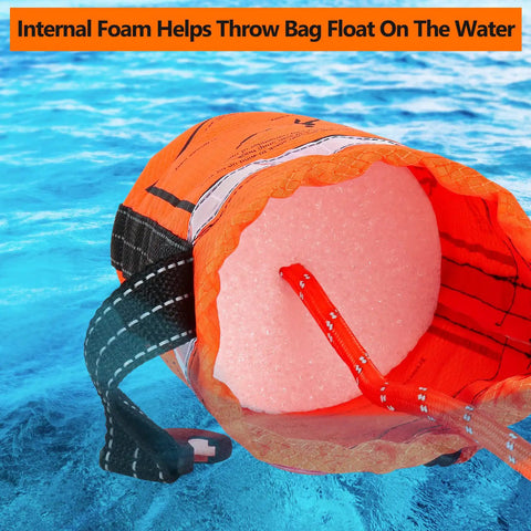 Water Rescue Throw Bag With 50 Feet Of Three Tenths Inch Rope Tensile Strength 1844 Lbs showing internal foam for flotation.