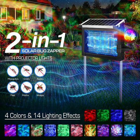 Outdoor Bug Zapper With Projector Lights For Patio And Garden 4500V Waterproof Mosquito Killer displayed in garden setting