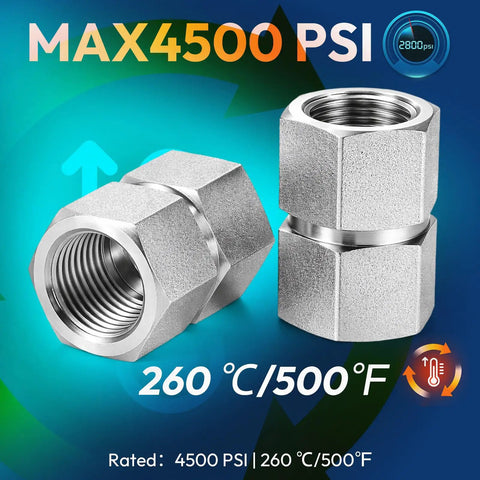 3/8 x 3/8 NPT Hex Coupling Double Female Pipe Fitting, 304 Stainless Steel, Beefy 4500 PSI, Leak Proof Air Compressor Connector